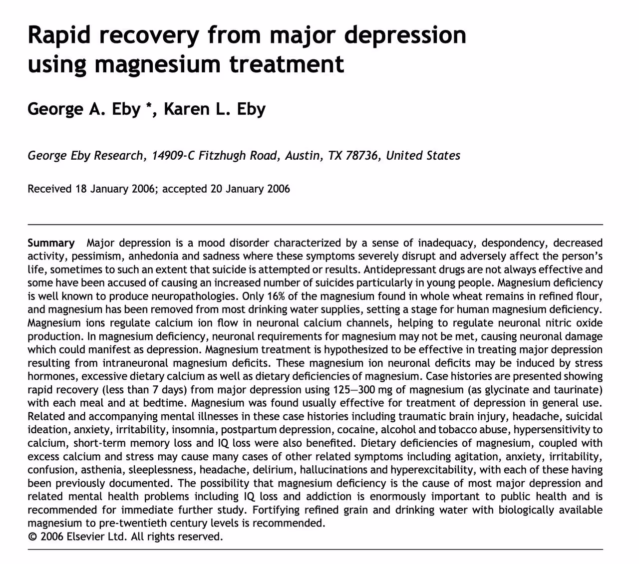 Скриншот исследования с заголовком "скорейшее выздоровление от сильной депрессии после лечения магнием"